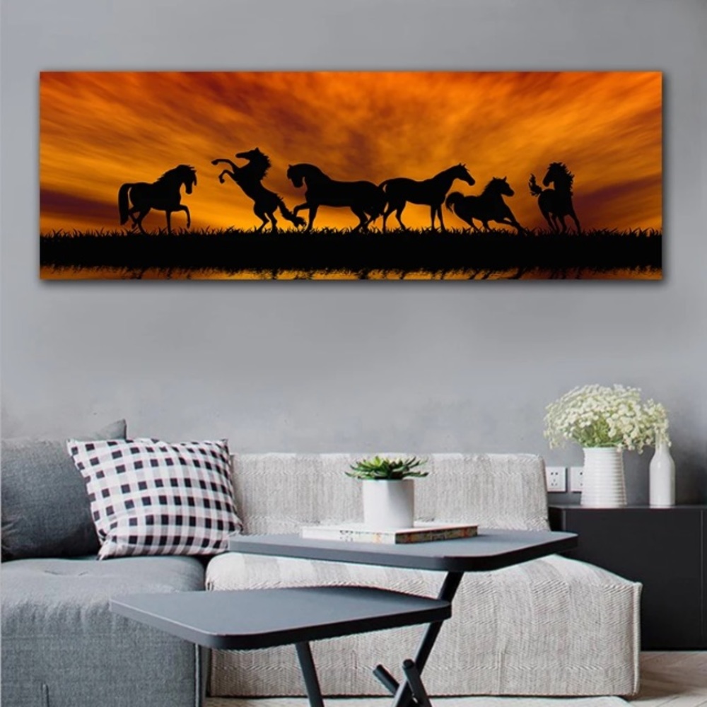 Dancing Horses Orange Sunset Landscape Canvas